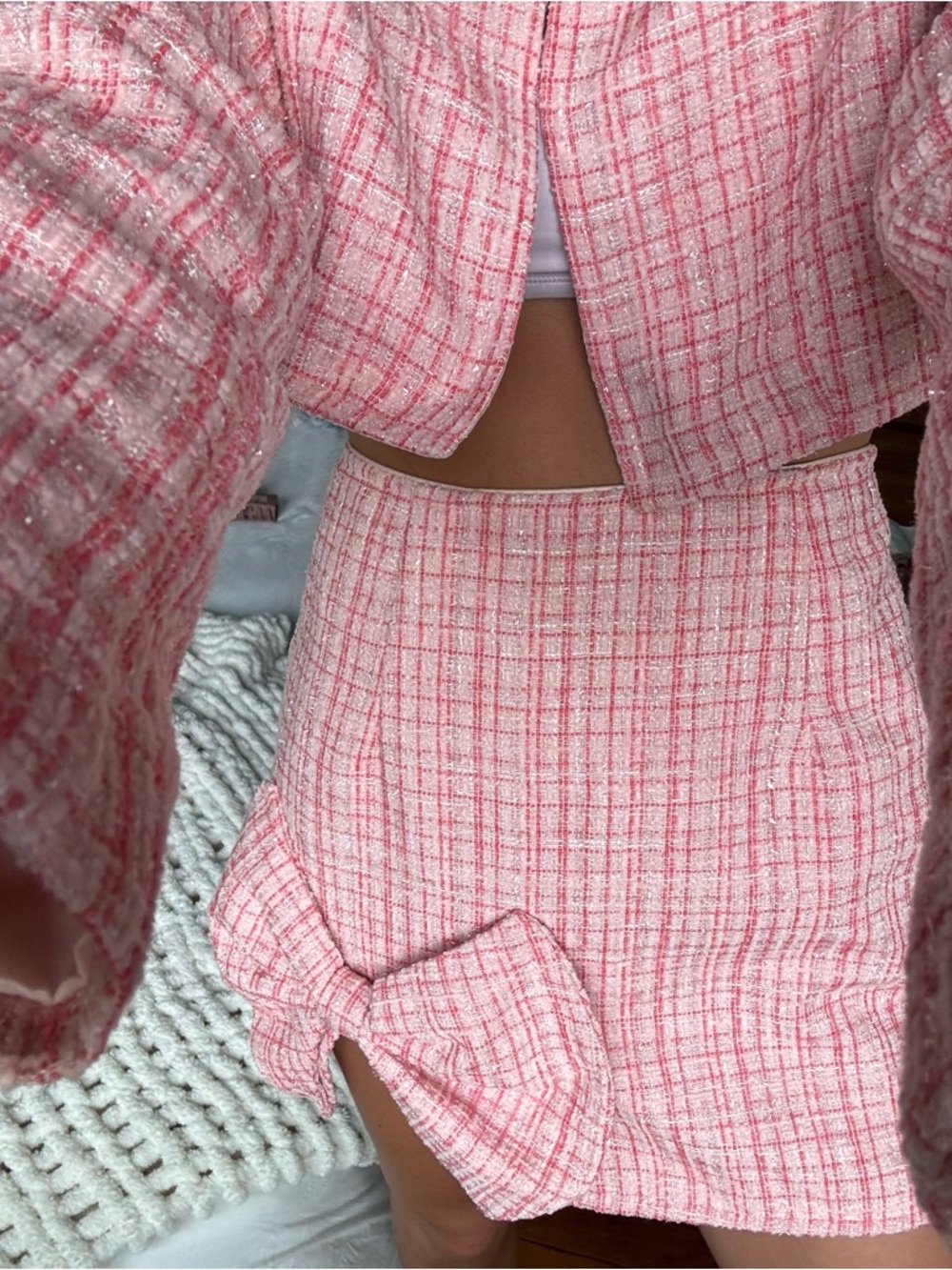 Pink Tweed Top & Skirt Set with Bow - Picture 5 of 7